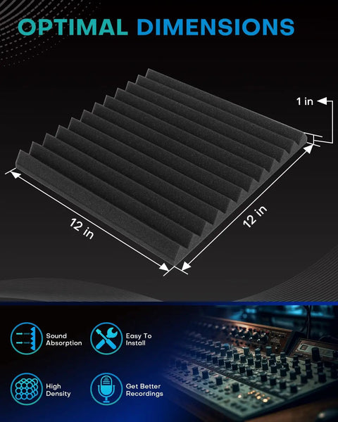 48 Pack Peel And Stick Acoustic Foam Wall Tiles, High Density Sound Absorbing Pads To Banish Echo, Fire Rated Noise Dampening Panels For Recording Studio Or Man Cave, Self Adhesive Black Squares, 12 By 12 By 1 Inch with ribbed texture