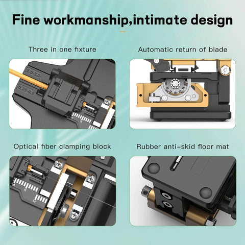 Beast Mode Fiber Optic Cleaver with automatic blade return, clamping block, and anti-skid mat for precise fiber cutting.