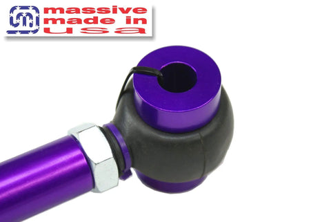 Adjustable On Car Bar For 05 14 Ford Mustang S197 GT 500 Beefed Up Race Spec With Dust Boots, Oversize Five Eighth Inch Rod Ends, PTFE Lined, USA Made For Superior Handling And Traction. Purple aluminum rod end with dust boot