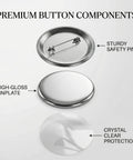 58mm Button Badge Making Kit components showing metal safety pin, high-gloss tinplate cover, and clear protective film.