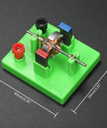 Hands On Circuit And Motor Lab Kit For Students DIY DC Motor Model with green base, showing dimensions and circuit components.