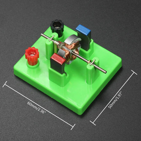 Hands On Circuit And Motor Lab Kit For Students DIY DC Motor Model with green base, showing dimensions and circuit components.