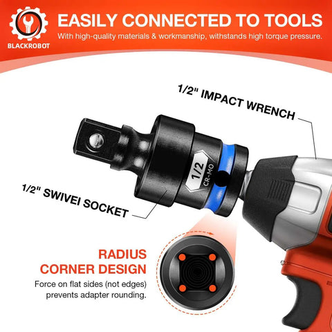 1/2 inch drive swivel socket between impact wrench and socket adapter, part of Half Inch Drive Universal Joint Socket Set With Chrome Moly Swivel Socket Adapter For Automotive Repair And Heavy Duty Home DIY Flexible Enough To Reach Tight Angle Fasteners