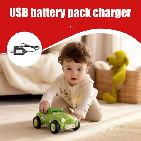 Child playing with toy next to a 4.8V USB RC Car Charger With Indicator Light, All Purpose Battery Charging Cable For Remote Control Toys, Lightweight Travel Ready And Compact, Wide Compatibility With Various RC Models, Black.