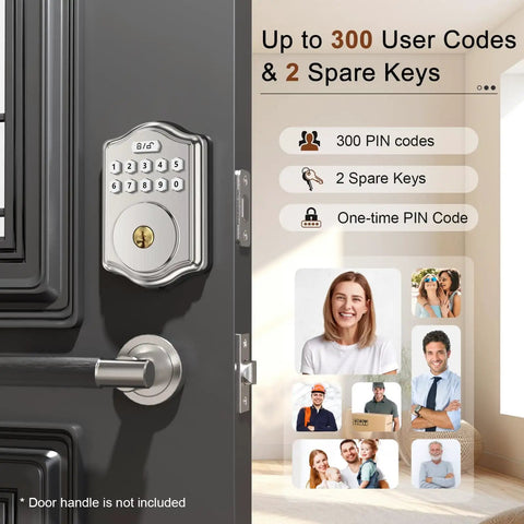 Image of a keyless entry door lock with code and voice guidance electronic keypad deadbolt auto lock in satin nickel finish.