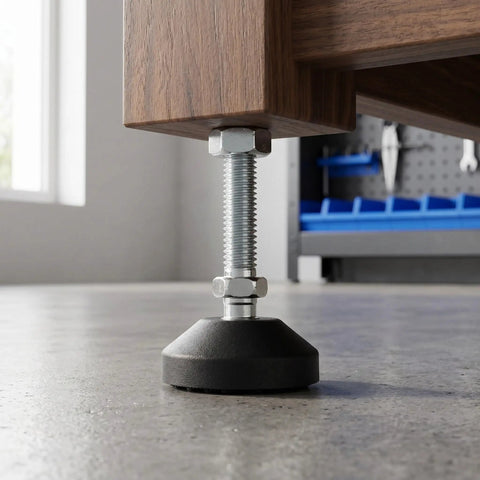 Close-up of Six Pack Adjustable Leveling Feet With Lock Nuts For Cabinets And Lab Tables Rubber And Metal Construction M10x50mm