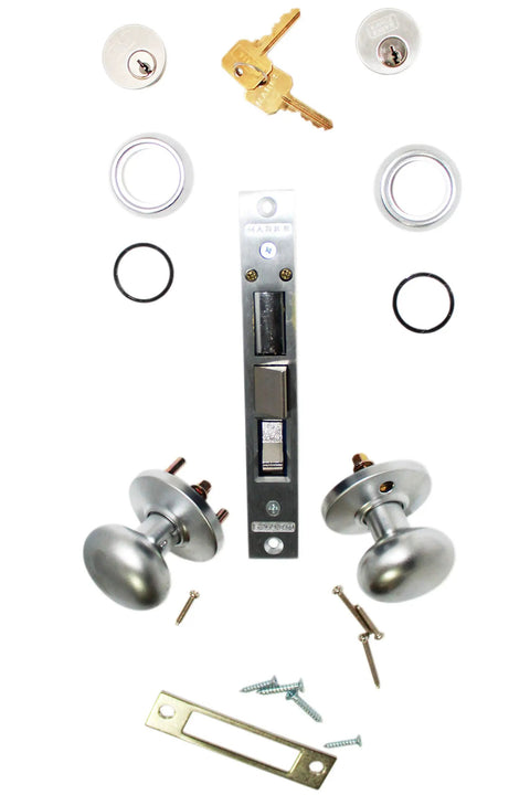 Double Cylinder Iron Gate Mortise Lock Set In Satin Chrome, Right Hand Reverse, 2-1/2 Inch Backset, 1 Inch Deadbolt with components