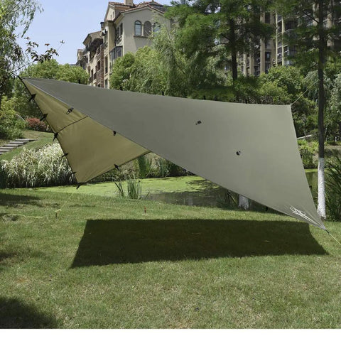 Rainfly Tarp Hammock Shelter Ultralight Waterproof Canopy For Camping OD Green set up in a park landscape.