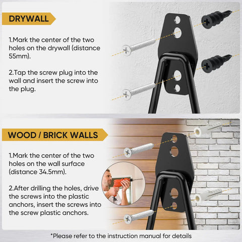 Instructions for installing Heavy Duty Garage Hooks Kit, 12 Pack Steel Wall Mount Hangers on drywall and wood or brick walls.
