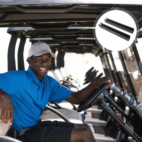 2 Pack Golf Cart Windshield Strips With Clips Plastic Edge Guard shown with golfer smiling in cart