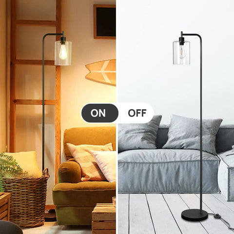 Industrial LED Floor Lamp With Hanging Glass Shade, ST64 9W Vintage Filament Bulb, on and off views in living room setting