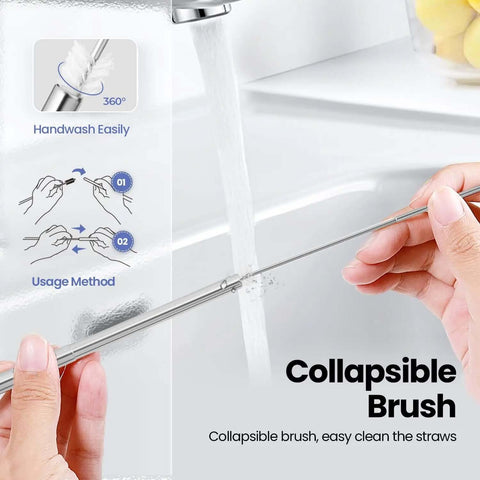 Travel Ready Reusable Collapsible Telescoping Stainless Steel Straws 4 Pack TSA Friendly cleaning brush in use at sink