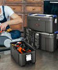 3 In 1 Rolling Toolbox With Wheels, Stackable Modular Tool Storage System with a detached box, in a workshop with a person using tools.