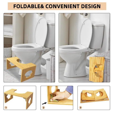 Foldable Bamboo Poop Stool For Grown Ups With Anti Slip Surface Squat Style Toilet Stool To Relax Pelvic Floor And Improve Defecation Eases Constipation And Hemorrhoids Portable Bathroom Potty Stool For Home Travel And Small Bathrooms showing unfolded next to toilet