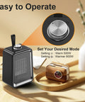 Portable Space Heater 800W 500W Energy Efficient Desk Heater with temperature dial and mode settings on table.