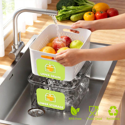 Five Pack Fridge Storage Containers with Removable Colanders, upper drain over lower storage, in kitchen sink with fruits.
