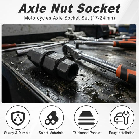 All In One 4 In 1 Motorcycle Front Wheel Hex Axle Tool 17mm 19mm 22mm 24mm on mechanic's workbench