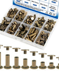 Badass Bronze Chicago Screws And Leather Rivets Fastener Kit One Hundred Thirty Piece Assortment with assorted sizes and shapes in organizer.