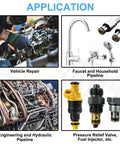 Applications of Nitrile O Ring Kit 1200 Pcs 24 Size Assortment For Plumbing Gas Automotive And Faucet Repair Oil And Heat Resistant NBR O Rings Seal Washers Durable Anti Static Long Lasting Pro Grade Sealing Set shown in vehicle repair, faucet pipeline, and hydraulic use.