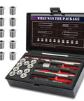 Front view of SENNMONN M8x1.25 thread repair kit in case with 10 stainless inserts (11.7mm) and drill/tap/install driver