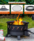 Smokeless Portable Propane Fire Pit with lid, handle, and accessories for outdoor use, 17.3 inch gas fire bowl, camping and backyard.