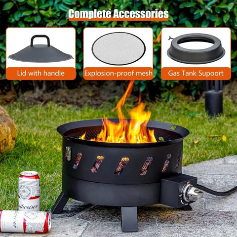 Smokeless Portable Propane Fire Pit with lid, handle, and accessories for outdoor use, 17.3 inch gas fire bowl, camping and backyard.