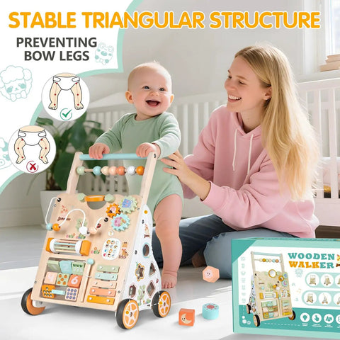 Hella Sturdy Wooden Baby Walker With Ten Interactive Montessori Activities Bead Maze Xylophone And Mirror Completely Legit Push Cart for Toddler balance training with stable structure.