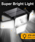 Cordless Outdoor Solar Flood Lights With 270 LED And 3000LM Motion Sensor IP65 Waterproof showing bright light and solar panel
