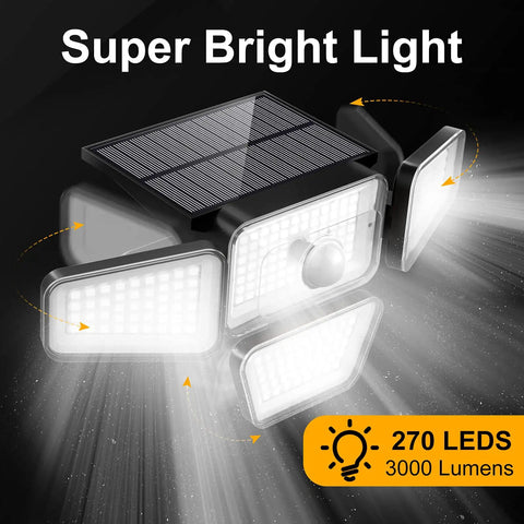 Cordless Outdoor Solar Flood Lights With 270 LED And 3000LM Motion Sensor IP65 Waterproof showing bright light and solar panel