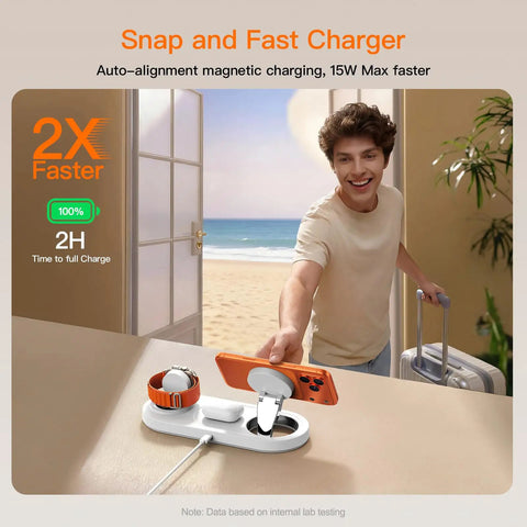 All In One 5W Fast Magnetic Wireless Charger Stand For iPhone 12 13 14 15 16 17 AirPods And Watch MagSafe Dock 3 In 1 on table