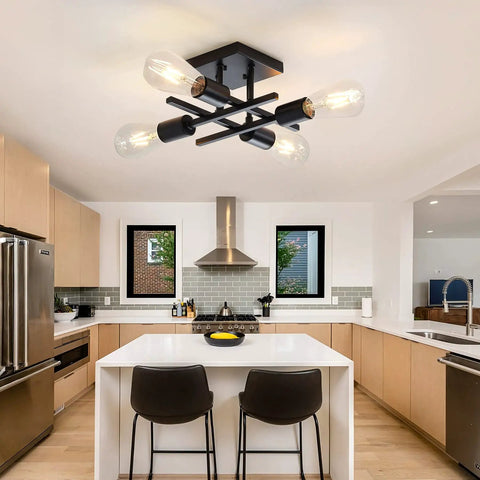 2 Pack Industrial 4 Light Semi Flush Mount Ceiling Light Fixtures Black Modern Farmhouse Sputnik Style with E26 Base in kitchen