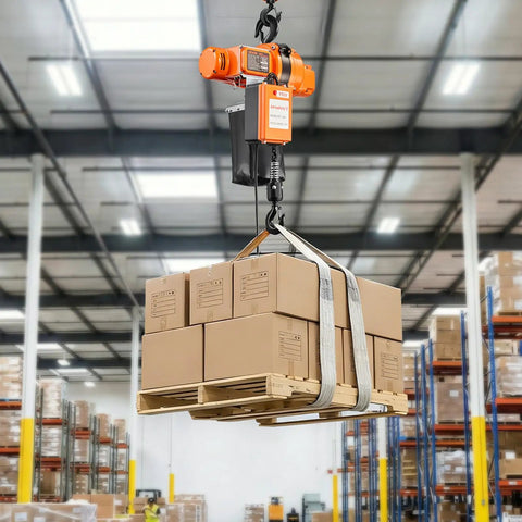 Electric Chain Hoist 1100 Lbs With 20 Ft Lift Height 120V 60Hz Single Phase Overhead Crane lifting boxes in warehouse