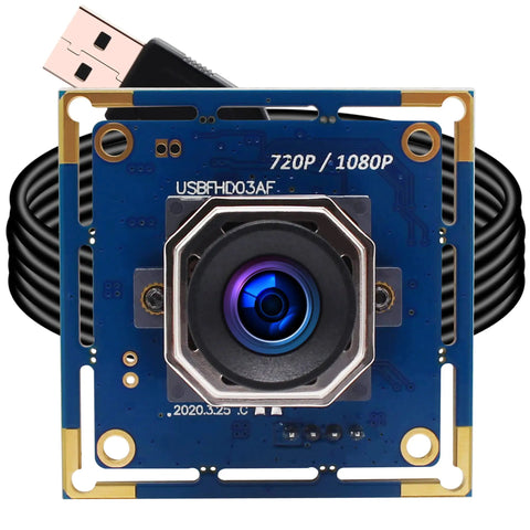 Front view of USB Camera Module With Autofocus 2MP 1080p FHD Industrial Grade Webcam 100fps High Frame Rate with USB cable.