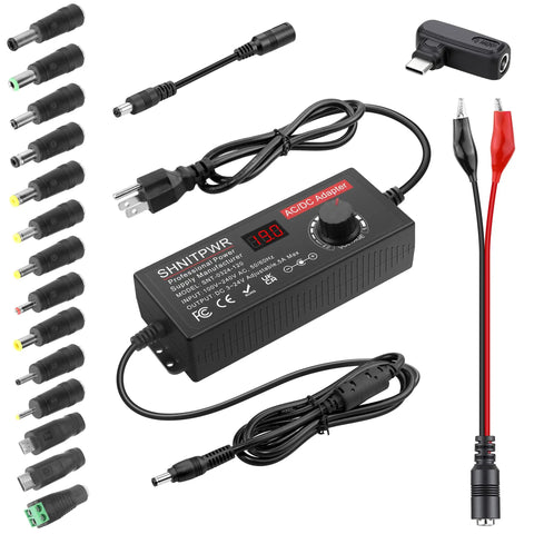 Universal Power Supply Adapter 120W With Adjustable DC Output 3.5V-24V, USB-C PD 100W Fast Charge with 14 tips and alligator clips