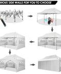 Heavy Duty 10x20 Pop Up Canopy Tent With 6 Sidewalls assembly options, showing different configurations and white frame structure.