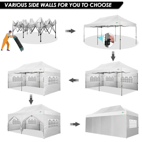 Heavy Duty 10x20 Pop Up Canopy Tent With 6 Sidewalls assembly options, showing different configurations and white frame structure.
