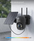 3MP Solar Wireless Outdoor Security Camera With PTZ mounted on a wall in rain, showing IP66 weatherproof feature