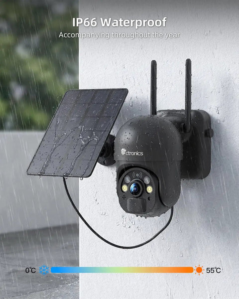 3MP Solar Wireless Outdoor Security Camera With PTZ mounted on a wall in rain, showing IP66 weatherproof feature