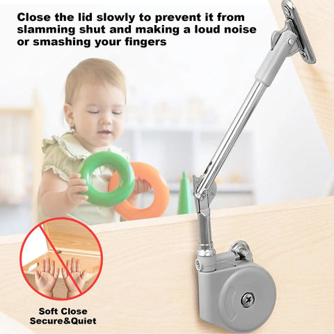 Two Pack Toy Box Hinges With Soft Close And 105 Degree Lid Stay Tension Adjustable Slow Down Chest Hinges installed illustration