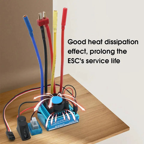Eighty Amp Waterproof Brushless Electronic Speed Controller for One Tenth Scale RC Cars and Boats on wooden surface