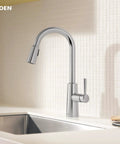 Pulldown Kitchen Faucet With Power Clean Spray And Reflex Docking System For Easy Docking, Smooth Operation, And Powerful Cleaning, One Handle Modern Sink Faucet 7402C installed on a white tiled backsplash.