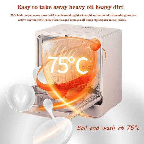 Compact Portable Countertop Dishwasher With Built In Five Liter Water Tank And Simple Snap Faucet Adapter showing 75°C cleaning temperature for grease removal.