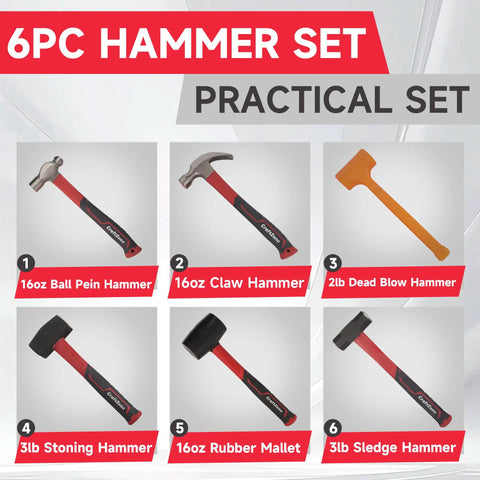 Six-Piece Rubber Mallet Hammer Set with Dead-Blow, Sledge, Stoning, Ball Peen, Claw, Anti-Vibration Handles