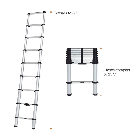 Van Telescoping Ladder With 9 Steps Extends To 8.5 Feet Easy Close System EN 131 Compliant Magnetic Fixation Kit Quick Vehicle Wall Mount Durable Aluminum Construction For Safe Roof Access And Hassle Free Day To Day Use, extends to 8.5 ft and closes to 29.5 in