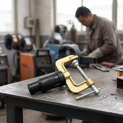 Dope Heavy Duty Grounding Clamp With Screw For Welders And Workshops featuring brass body on a workbench in a workshop.