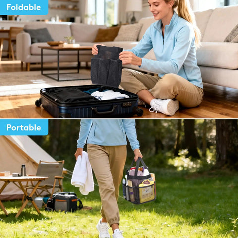 Person using Dope Portable Mesh Shower Caddy With Seven Pockets, Freestanding Dorm Organizer Bag, quick dry black tote outdoors.