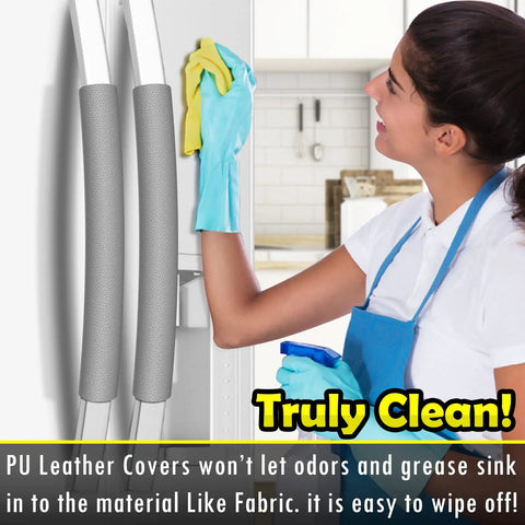 Leather Refrigerator Door Handle Covers 6 Pack Keeps Fridge Microwave Oven Stove And Dishwasher Handles Clean From Oil Stains No Sweat Quick Wipe Kitchen Decor Grey shown on appliance handle with person cleaning