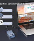 Premium 80Gbps M.2 Nvme Enclosure Featuring Active Cooling Fan And Thunderbolt 5 Usb4 V2.0 Support with laptop connection.