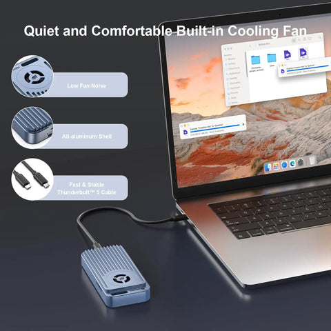 Premium 80Gbps M.2 Nvme Enclosure Featuring Active Cooling Fan And Thunderbolt 5 Usb4 V2.0 Support with laptop connection.
