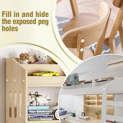 30 Pack 8mm White Plastic Hole Plugs With Snap In Locking End Caps used in furniture, shelving, and bunk bed for a clean finish